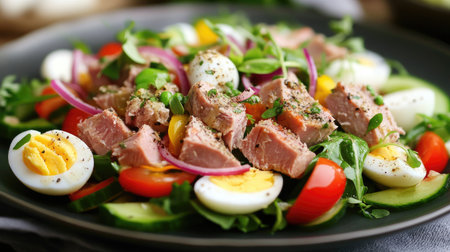 A fresh vegetable salad topped with tender tuna, boiled eggs, and drizzled with a tangy vinaigrette, beautifully plated for a light and healthy meal.の素材
