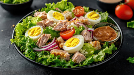 A crisp cos lettuce salad with tuna, boiled eggs, tomatoes, onions, and croutons, served in a bowl with dipping sauce, beautifully displayed on a black background for clean eating.の素材