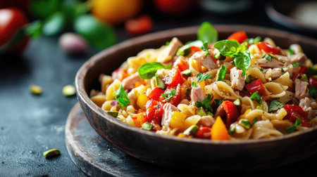 A gourmet-style warm tuna pasta salad with roasted peppers and pistachio nuts, plated on a rustic dish, showcasing bright colors and healthy ingredients.の素材