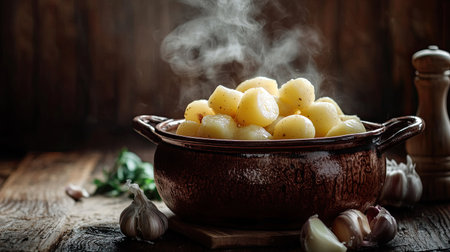 A rustic kitchen scene with boiled potatoes in a ceramic pot, steam rising, ready for mashing with butter and garlic beside them, warm lightingの素材