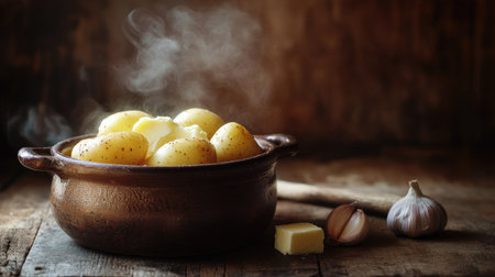 A rustic kitchen scene with boiled potatoes in a ceramic pot, steam rising, ready for mashing with butter and garlic beside them, warm lightingの素材