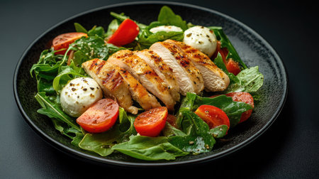 A plate of fresh chicken fillet and mozzarella salad with greens, presented on a black background, highlighting the contrast of fresh ingredients in a healthy dish.の素材