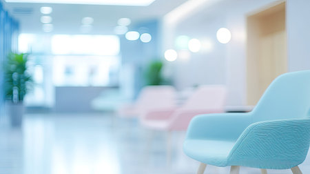 Abstract blur of a modern hospital clinic interior, featuring bright lighting and soft-focus furniture, ideal for healthcare marketing or medical office backgrounds.の素材