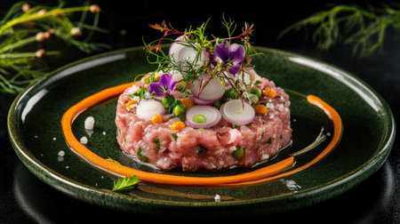 A visually stunning tartare beef flower circle salad on a green round plate, topped with fresh onions, carrots, and edible flowers, placed on a black reflective table for a refined dining experience.の素材