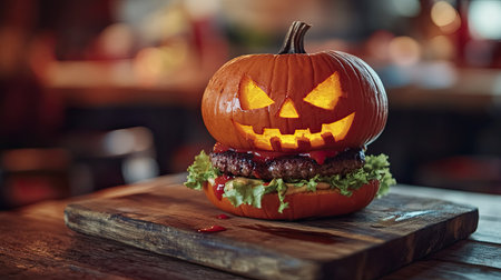 A terrifying pumpkin-shaped Halloween burger sitting on a wooden board, ideal for a spooky party. This eerie food concept captures the essence of festive creativity.の素材