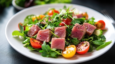 A white plate of raw tuna and mixed vegetable salad, featuring bright greens, cherry tomatoes, and herbs, showcasing a healthy and fresh meal.の素材
