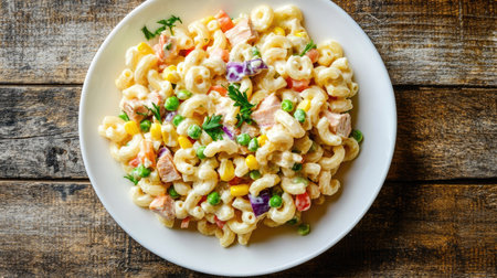 A white plate of homemade macaroni salad with tuna, elbow pasta, carrot, purple cabbage, corn, tomatoes, and peas, mixed with creamy mayonnaise, set on a rustic wooden table.の素材