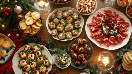 A variety of festive Christmas appetizers arranged on a beautifully decorated table, capturing the essence of holiday celebrations with seasonal decor and warm lighting.の素材