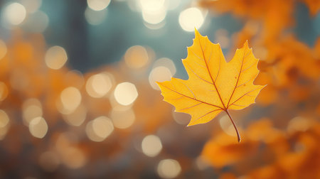 A yellow leaf in the foreground, with a blurred orange tree and soft bokeh in the background, bathed in golden autumn sunlight, showcasing the beauty of the season.の素材