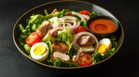 A vibrant bowl of green cos lettuce salad with tuna, boiled eggs, sliced tomatoes, onions, and croutons, paired with a side of dipping sauce, isolated on a sleek black background.の素材