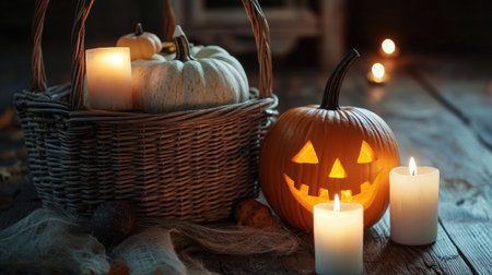 A wicker basket with pumpkins and Jack's Pumpkin on a wooden table, surrounded by glowing candles. Autumn decor adds a touch of home comfort and Halloween charm.の素材