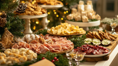 A variety of Christmas appetizers displayed on a festive table, surrounded by traditional holiday decor, creating a warm and inviting atmosphere for a seasonal celebration.の素材