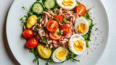 A wholesome salad featuring fresh tuna, boiled eggs, and a medley of vibrant vegetables, drizzled with a healthy dressing and served on a clean white plate.の素材