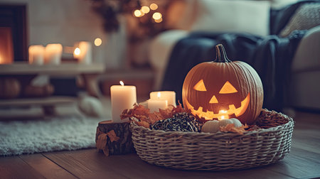 A wicker basket of pumpkins, Jack's Pumpkin, and candles placed on a wooden table in a cozy living room, creating a warm autumn decor for Halloween celebrations.の素材