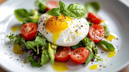 Gourmet salad featuring mozzarella, a soft poached egg, fresh greens, and tomatoes, garnished with basil and drizzled with olive oil, elegantly arranged on a white plate.の素材