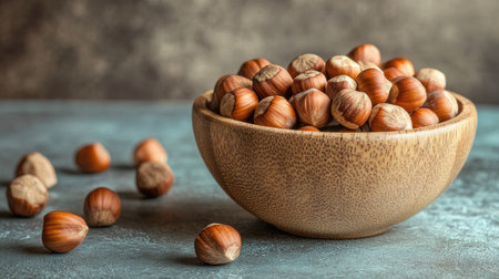 Healthy snack concept featuring a wooden bowl filled with hazelnuts, symbolizing the benefits of nuts in a balanced and nutritious dietの素材