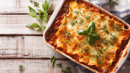 Healthy zucchini lasagna with rich bolognese sauce in a baking dish on a rustic white wooden background, garnished with herbs, top view, selective focus, inviting mealの素材