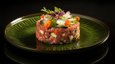 A visually stunning tartare beef flower circle salad on a green round plate, topped with fresh onions, carrots, and edible flowers, placed on a black reflective table for a refined dining experience.の素材