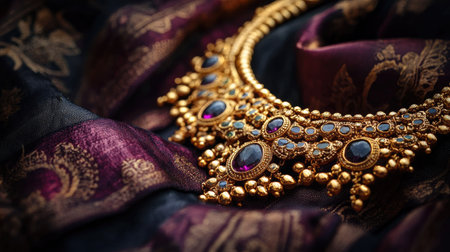 Close-up of a traditional Indian gold necklace with gemstone accents, showcasing rich craftsmanship and luxury against a velvet backgroundの素材