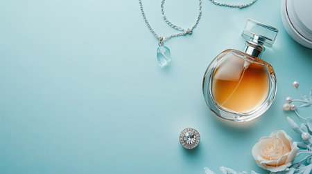 A chic flat lay featuring a perfume bottle and jewelry pieces on a light blue background, creating a stylish and luxurious aesthetic.の素材