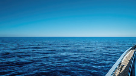 Clear blue skies and an open ocean vista from the deck of a yacht, with no land in sight and the horizon stretching endlesslyの素材