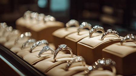 Close-up of diamond rings arranged in a luxury jewelry display case, spotlighted to showcase their brilliance in an elegant retail setting.の素材