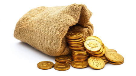 Close-up of gold coins stacked neatly beside an open treasure sack, sitting on a white background. The coins gleam, symbolizing prosperity.の素材