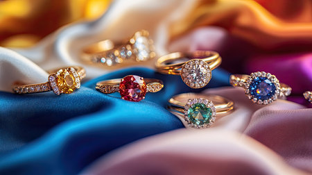 Collection of gemstone rings and necklaces, placed on colored fabric with a white background for contrast. Shimmering gems in focus.の素材