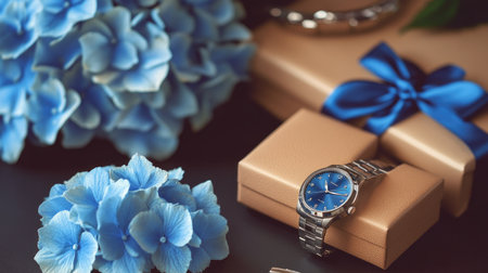 A sophisticated men's gift layout with cufflinks, a watch, blue flowers, and a neatly wrapped gift box with a blue bow, perfect for special occasions like Father's Day.の素材