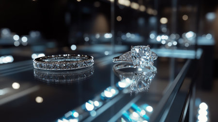 Diamond rings in a high-end retail showcase, glowing under display lights. The elegant setup and reflective glass add to the luxury feel.の素材