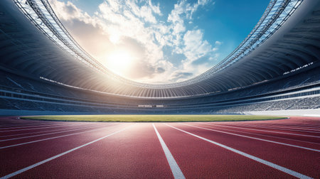 Circular running track in a football stadium, creating a perfect loop around the field, with bright lanes and open skies.の素材