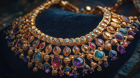 A stunning Indian gold necklace with delicate craftsmanship and colorful gemstones, artistically arranged on a dark velvet surface, capturing luxuryの素材