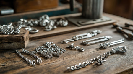 Detailed shot of silver jewelry components, including chains and clasps, laid out on a craftsmanaes workbench, ready for assemblyの素材
