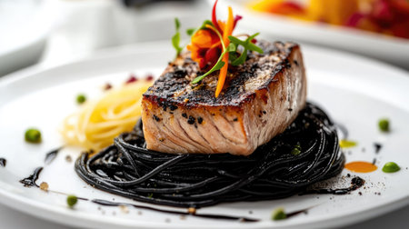 A gourmet dish of grilled tuna fish steak paired with black squid ink spaghetti, plated beautifully with vibrant garnish on a white table for fine dining.の素材