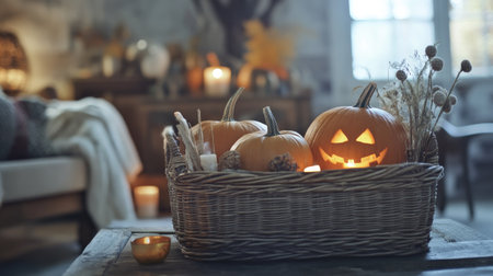 A rustic wicker basket filled with pumpkins, Jack's Pumpkin, and candles in a cozy living room, creating a warm autumn ambiance for Halloween.の素材