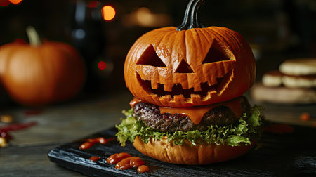 A Halloween burger with a carved pumpkin head bun and juicy beef patties, combining eerie holiday vibes with delicious food. Ideal for spooky party menus.の素材