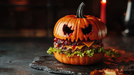 A Halloween pumpkin-shaped burger on a stone background, styled with eerie details. Perfect for capturing spooky holiday vibes and creative Halloween food concepts.の素材