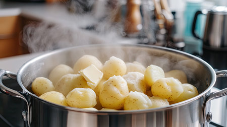 A pot filled with boiled potatoes, perfectly cooked, ready to be mashed with butter and salt, soft steam rising, with a kitchen counter in the backgroundの素材