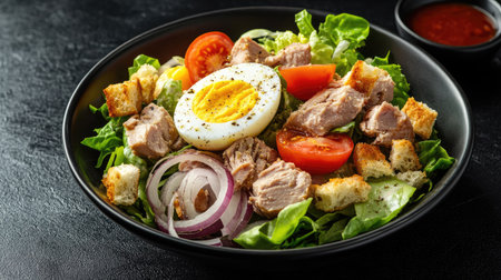 Boiled egg and tuna salad with crisp cos lettuce, tomatoes, onions, and croutons, served in a bowl with a side of dipping sauce, beautifully presented on a black background.の素材
