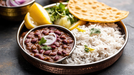 Close-up of a North Indian thali featuring Rajma Chawal, kidney bean curry, boiled rice, and papad, with a side of lemon and onions.の素材