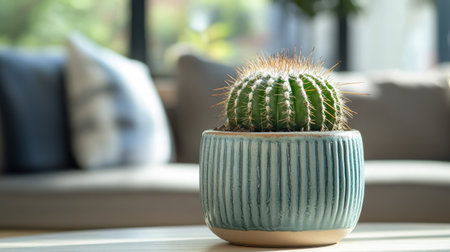 Close-up of a stylish cactus pot with modern ceramic design, placed on a living room table, ideal for home decor inspiration.の素材