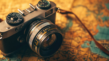 Close-up of a retro analog camera with a metal body and old-fashioned dials, placed on a vintage map background, soft lighting for a nostalgic feelの素材