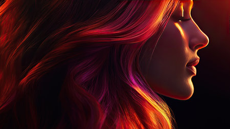 Close-up of a womanaes profile with long, wavy hair, glowing with shine and volume, her expressive face perfect for promoting haircare and beauty products.の素材