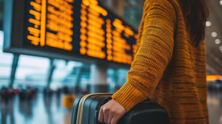 Close-up of a womanaes hand on a suitcase handle, with an airport terminal and flight schedule in the background. Perfect for travel insurance, transport, and holiday promotions.の素材