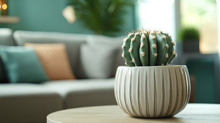 Close-up of a stylish cactus pot with modern ceramic design, placed on a living room table, ideal for home decor inspiration.の素材