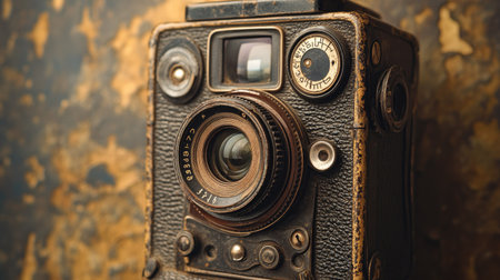 Close-up of an antique camera with manual dials and an old glass lens, set on a textured background, with warm lighting highlighting its vintage appealの素材
