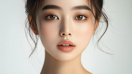 Close-up of an Asian woman with flawless, glowing skin and minimal makeup, her expression calm and serene, perfect for promoting high-end beauty and skincare products.の素材