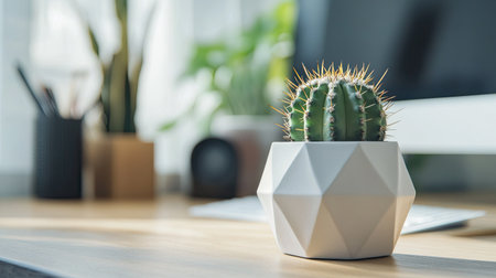 Close-up of a small cactus pot in a geometric planter, placed on a desk in a home office, adding a subtle touch of nature.の素材