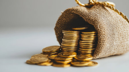 Close-up of stacked gold coins spilling from a small treasure sack on a white surface. The shiny metal contrasts against the clean background.の素材