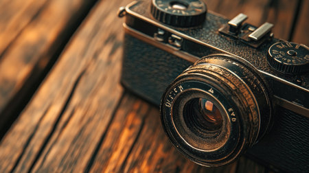 Close-up of an old analog camera with visible signs of wear, placed on a rustic wooden table, warm tones and soft lighting creating a nostalgic feelの素材